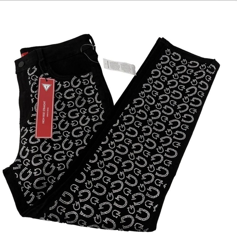Guess Party Fashion High Rise Straight Jeans Rhinestone Black Denim Size 6/28